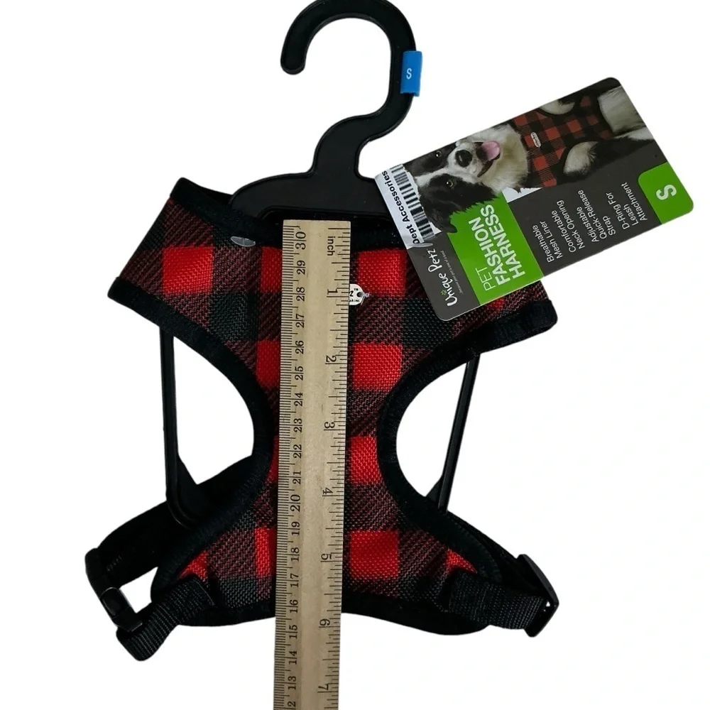 Unique Petz Dog Small Harness Adjustable Comfy Tartan Plaid Red Black SZ S
